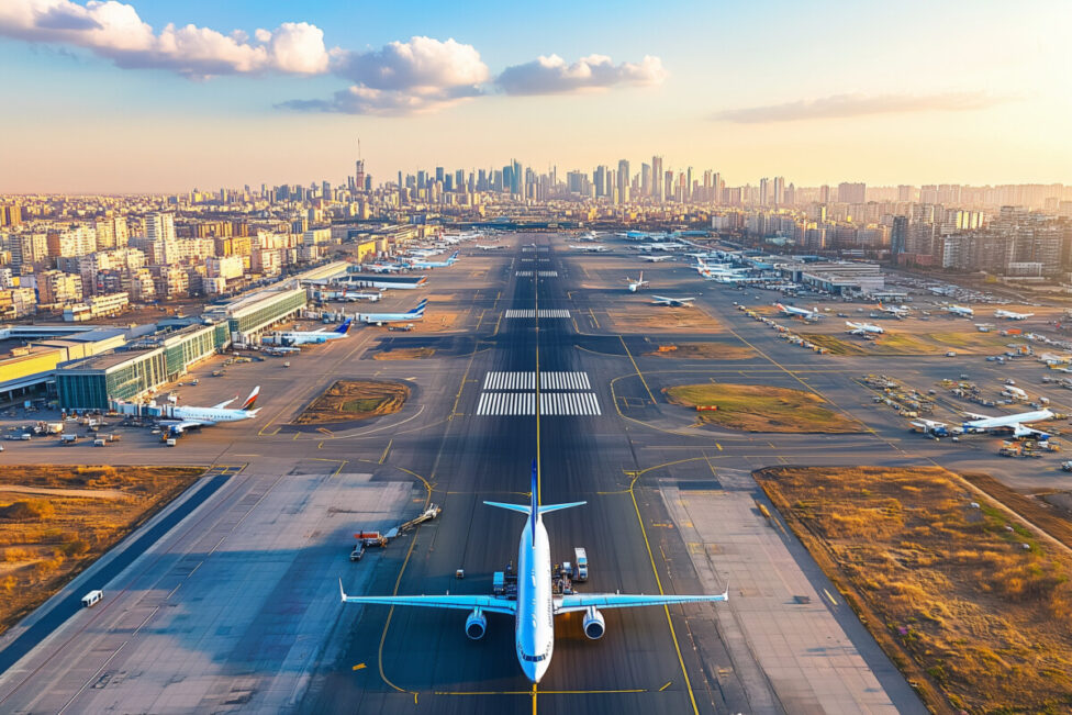 A sweeping aerial perspective of a busy airport, with runways filled with planes in motion and control towers standing tall with copy space. bright natural lighting. expansive cityscape background.